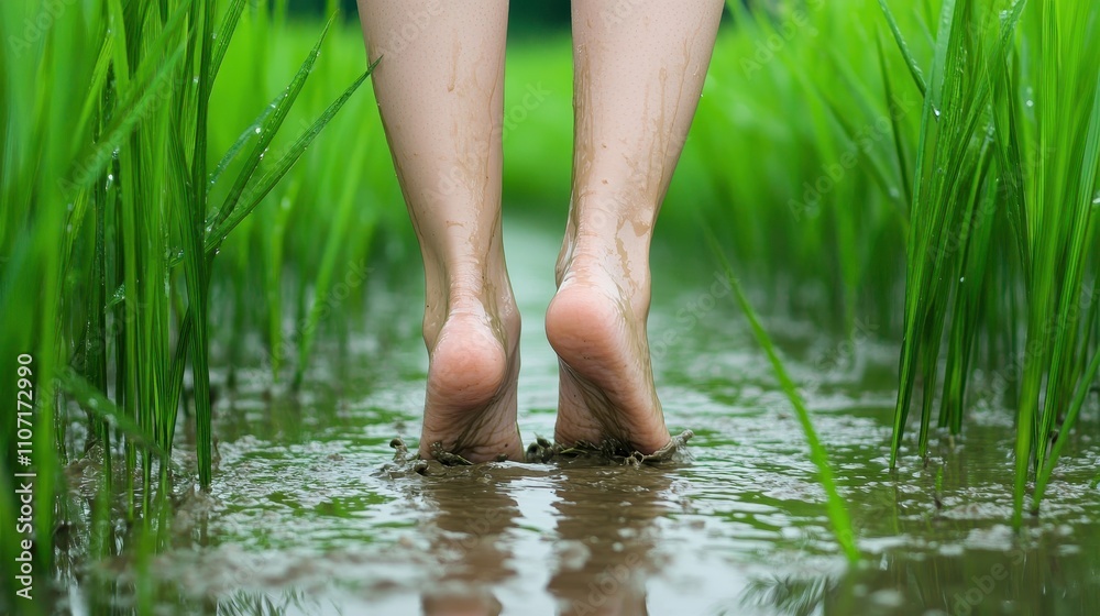 Person Walking Barefoot in Rice Field Through Water Person Walking Barefoot in Rice Field Through Water