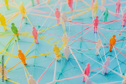 Connected Community: A vibrant network of colorful figurines symbolizes the interconnectedness of individuals in a society. The intricate web of threads suggests collaboration, communication.