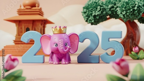2025 New Year greeting card featuring a crowned elephant with 2025 numbers on a scenic background with Indian elements. Indian culture, tradition, and celebration theme. Ideal for banners and cultural