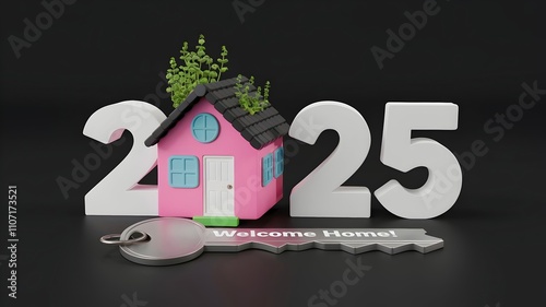 2025 New Year greeting card featuring a house model with a key and colorful 2025 numbers on a dark background. Real estate, construction, and New Year theme. Ideal for banners and property promotions.