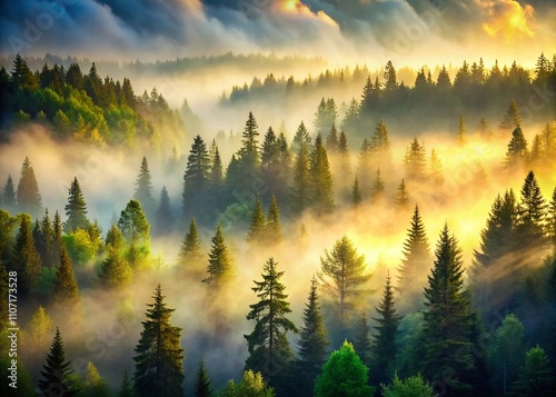 Thick Morning Fog Embracing a Spruce Forest, Captured with Tilt-Shift Photography for a Dreamy Atmosphere and Ethereal Landscape Vibes, Inviting Tranquility and Serenity