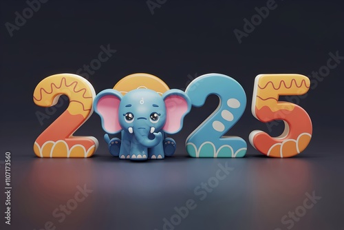 2025 New Year greeting card featuring a cute blue elephant with colorful 2025 numbers on a dark background. Indian culture, Asian traditions, and New Year theme. Ideal for banners and festive promotio