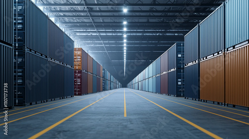 Rows of shipping containers stacked symmetrically in warehouse