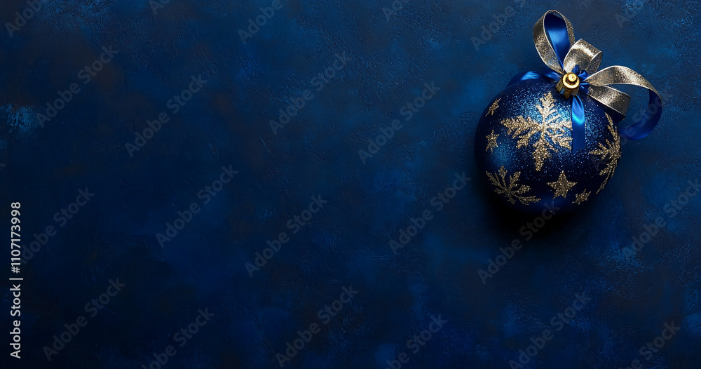 Decorative blue Christmas ornament with gold snowflake design placed on dark blue background Decorative blue Christmas ornament with gold snowflake design placed on dark blue background