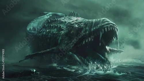 Terrifying scary sea monster in dark depths of deep ocean