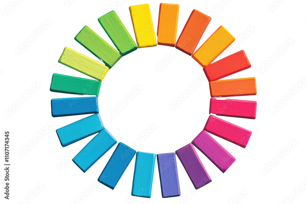 Colorful blocks arranged in circular pattern, showcasing vibrant hues from blue to pink, creating visually appealing spectrum. isolated on transparent background