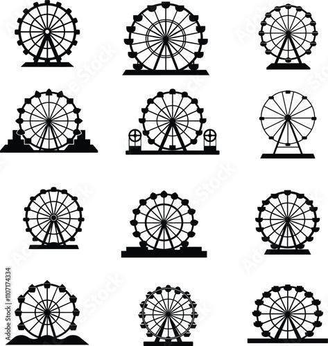 Ferris wheel amusement park black silhouette set vector flat illustration. Round entertainment attraction carousel construction roundabout joyful high ride motion with cabin different shape.