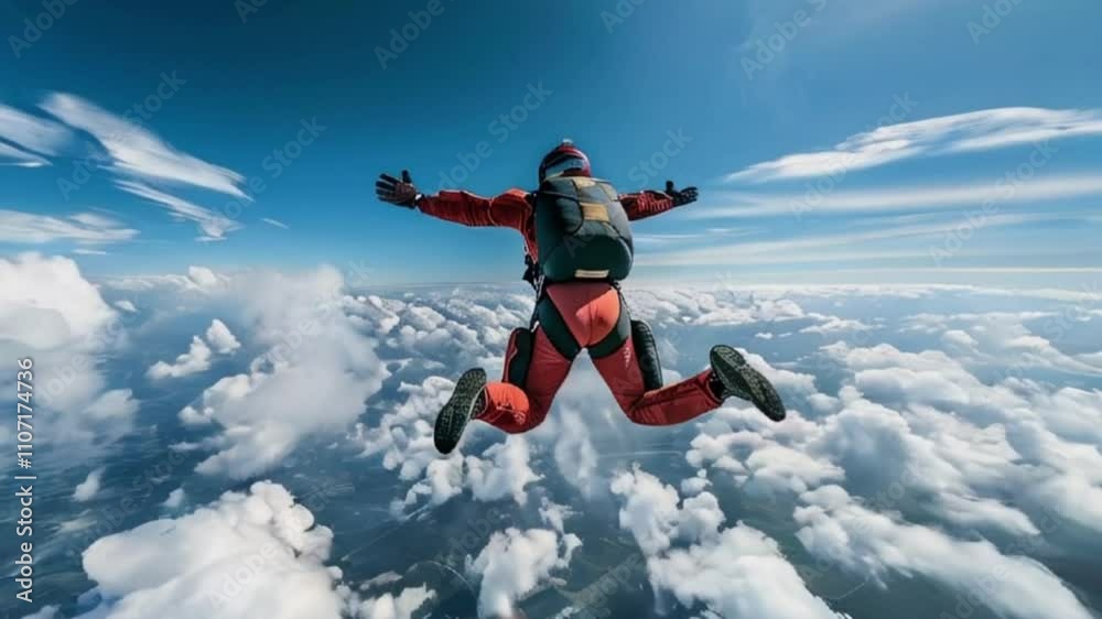 Parachutist with parachute makes heavenly adventure against on landscape Parachutist with parachute makes heavenly adventure against on landscape