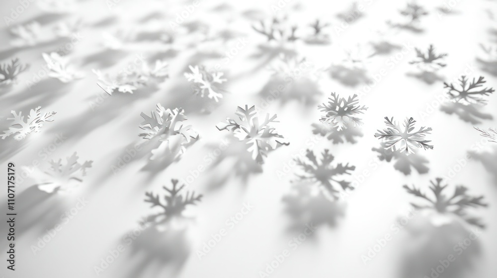 Obraz premium Scattered snowflakes in 3D, randomly placed on a bright white surface with delicate shading