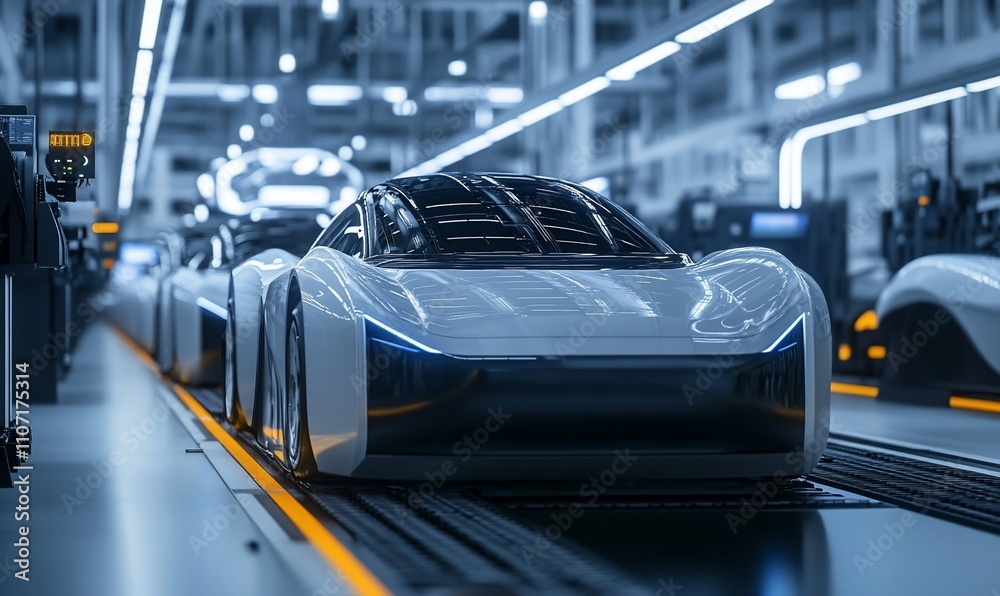 Futuristic electric vehicles in a high-tech manufacturing facility. Futuristic electric vehicles in a high-tech manufacturing facility.