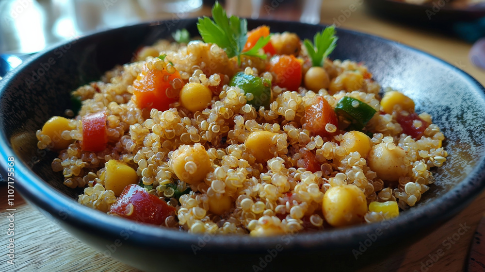 vibrant quinoa bowl with chickpeas, bell peppers, and fresh herbs, perfect for healthy meal. colorful ingredients create appetizing and nutritious dish vibrant quinoa bowl with chickpeas, bell peppers, and fresh herbs, perfect for healthy meal. colorful ingredients create appetizing and nutritious dish