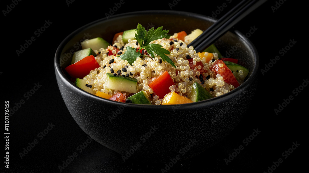 vibrant quinoa Buddha bowl with fresh vegetables, including cucumber, bell pepper, and tomato, garnished with parsley and sesame seeds, served in black bowl on dark background vibrant quinoa Buddha bowl with fresh vegetables, including cucumber, bell pepper, and tomato, garnished with parsley and sesame seeds, served in black bowl on dark background