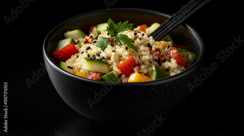 vibrant quinoa Buddha bowl with fresh vegetables, including cucumber, bell pepper, and tomato, garnished with parsley and sesame seeds, served in black bowl on dark background