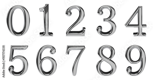 set of 3d rendering silver chrome vintage number