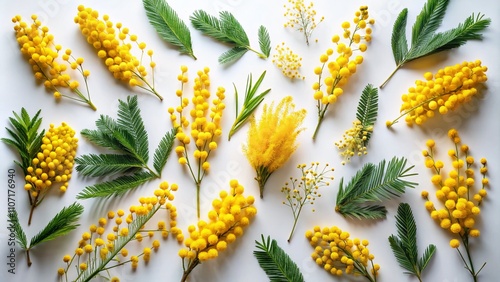 Top View Flat Lay of Delicate Mimosa Flowers on a Pristine White Background, Showcasing Their Unique Texture and Color Variations for Nature and Floral Enthusiasts