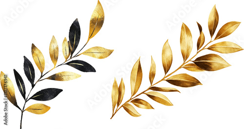 Golden leaves. Golden olive branch with leaves on white background. photo