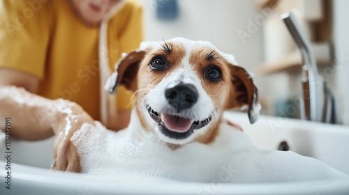 Small dog with brown and white fur being bathed in a bathtub, covered in soap suds, with a smiling expression, attended by a person wearing yellow.