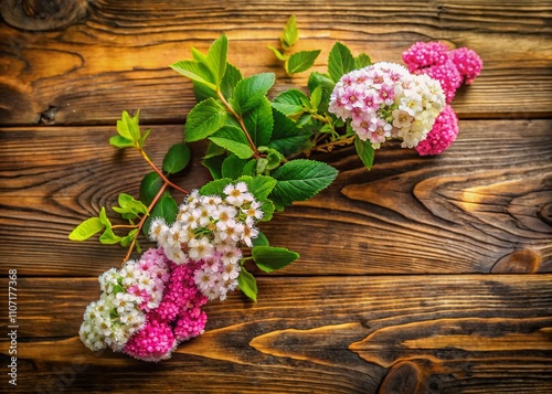 Top View of a Wooden Background with a Blooming Spirea Branch Capturing the Beauty of Nature's Colors and Textures in an Urban Exploration Photography Style