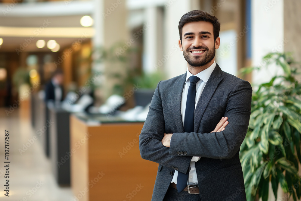 Fototapeta premium Confident businessman standing with crossed arms in a modern hotel lobby. Generative AI