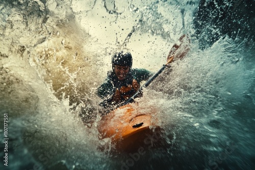 A kayaker navigates a rapid, water splashing up around him.