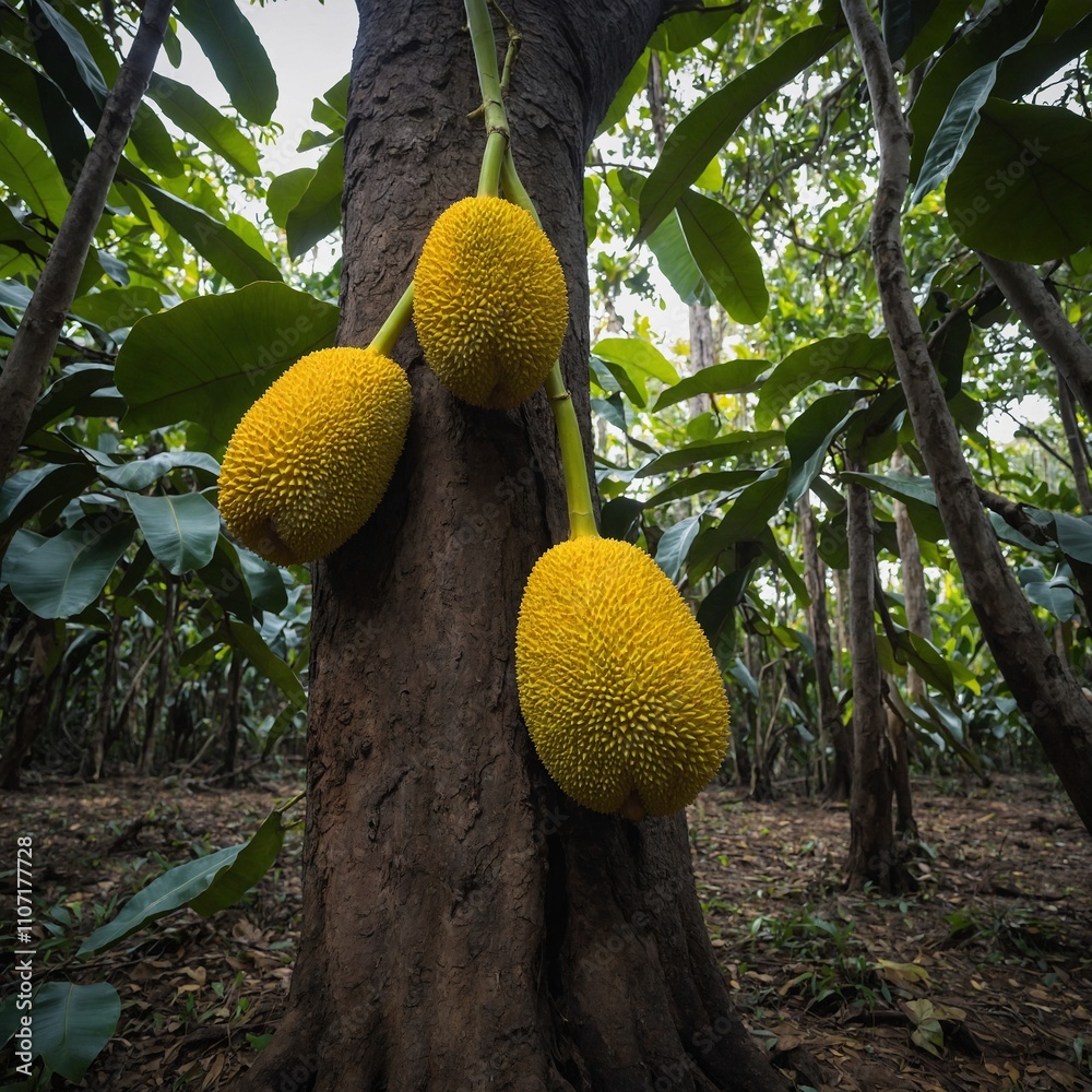 A jackfruit growing from a massive tree, its yellow flesh glowing inside. A jackfruit growing from a massive tree, its yellow flesh glowing inside.