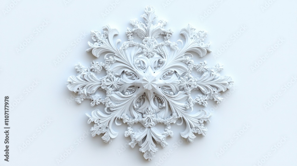 Textured 3D snowflake render, featuring fine details and delicate symmetry on a bright white background Textured 3D snowflake render, featuring fine details and delicate symmetry on a bright white background