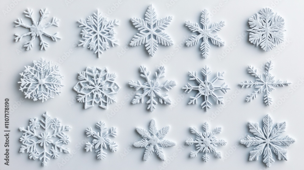 Three-dimensional snowflakes of varying shapes and textures arranged neatly on a white background