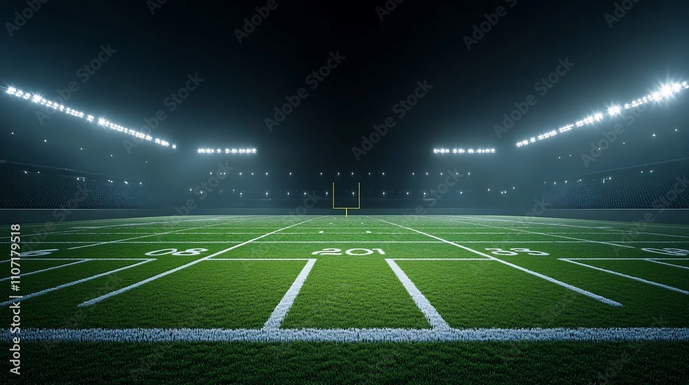 custom made wallpaper toronto digitalEmpty American football field at night with goal post in the center, illuminated by stadium lights.