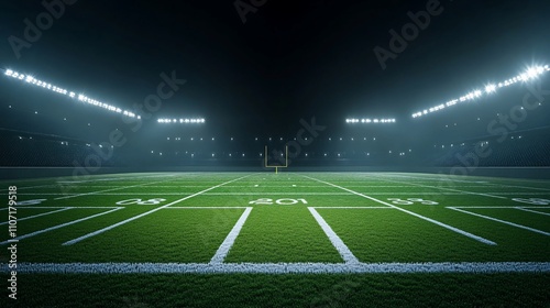 Empty American football field at night with goal post in the center, illuminated by stadium lights.