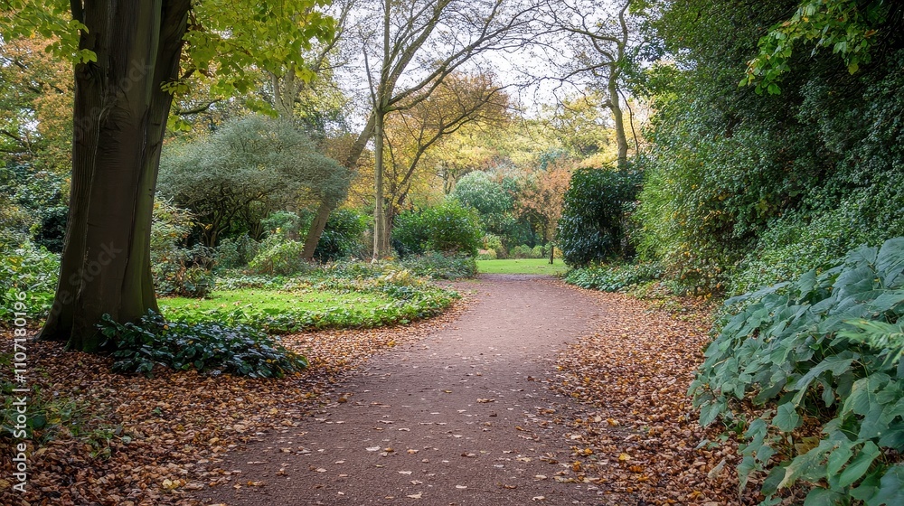 Obraz premium Serene Pathway Through Autumn Foliage in the Park