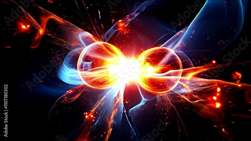 Scientific concept of depicting the fusion of two atoms. Sci-fi background. Quantum physics. Generative AI