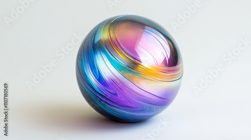 3d render of abstract ball based on curved wavy smooth organic bio forms in white matte aluminium material with glossy colourful parts in rainbow gradient color on light grey background