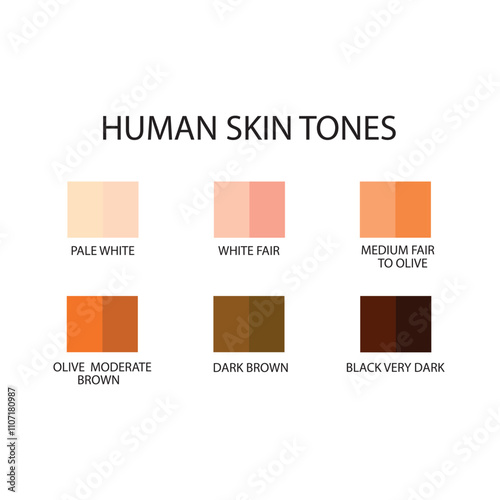 Human skin tone set of six with names. Skin types rounded square tones with names.