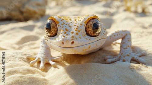 Sand gecko stenodactylus petrii basking in the sand in close up photo