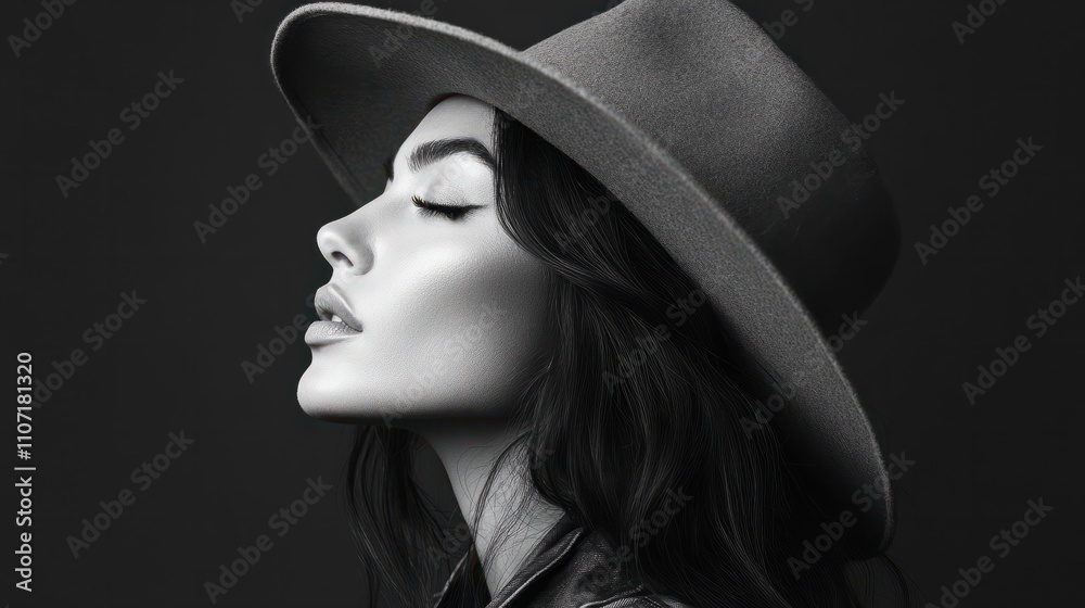 Portrait of beautiful girl in hat in profile, posing in studio, black and white photography Portrait of beautiful girl in hat in profile, posing in studio, black and white photography