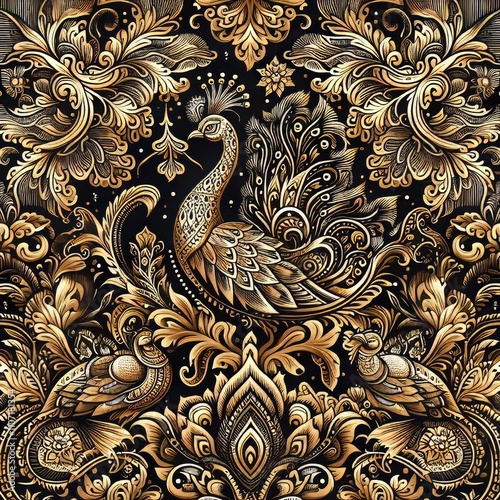 black and gold vector peacock batik pattern