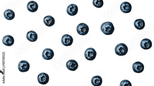 Ripe blueberries scattered on pure white background: Ultra-realistic UHD photo, clear contours, lifelike accuracy, and commercial quality in top view.