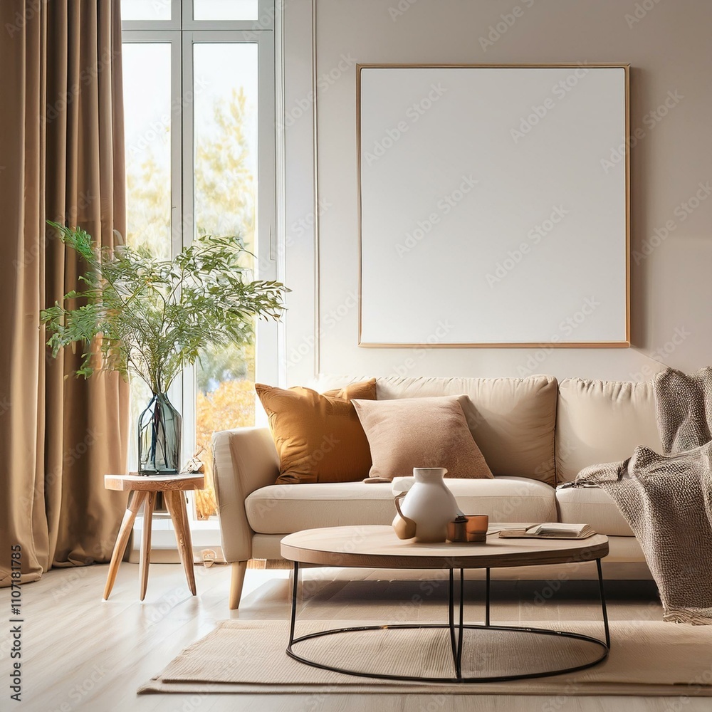 Fototapeta premium Stylish Living Room Mockup Sofa, Table, and Window