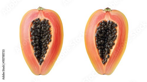 Ripe papaya halved and whole with seeds on pure white background: Ultra-realistic, high contrast, clear contours, lifelike accuracy, and commercial quality photography. photo