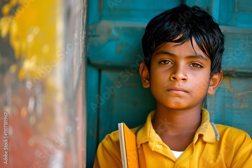 A young Indian boy confronts the pressure of academic performance, striving for excellence with resilience and determination, staying focused on his goals amidst challenges. photo