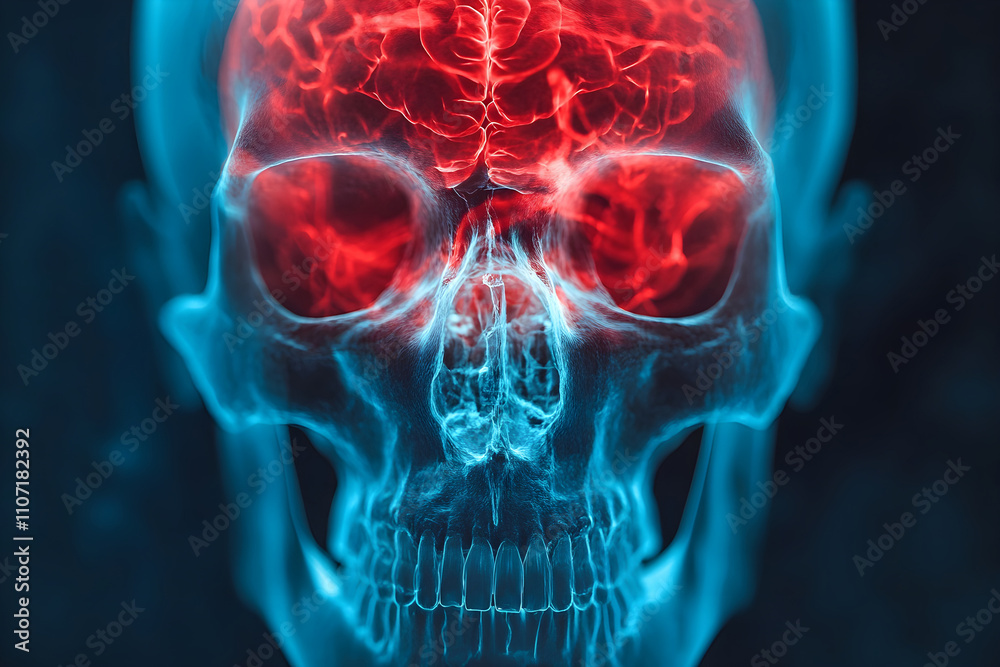 Front-facing skull X-ray with highlighted brain Front-facing skull X-ray with highlighted brain