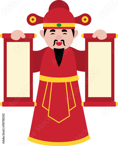 Chinese god of wealth holding blank scroll flat vector stock illustration.
Happy Chinese new year. 
Transparent background.