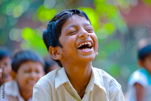 A young Indian boy crafts a witty pun, his infectious laughter echoing as he revels in the clever wordplay and humorous banter shared with his friends.
