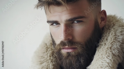 Stylish Man with Beard and Fur Jacket Portrait photo