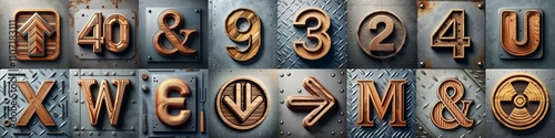 Wooden on the vintage metal plate typography. AI generated illustration