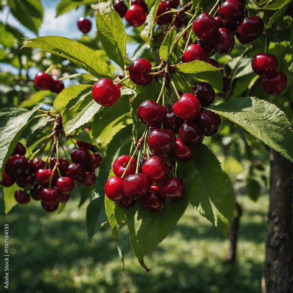 Fototapeta premium A bunch of cherries hanging on the tree during summer.