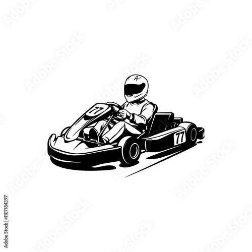 Race go karting, Go Kart racing vector silhouette, Black white Go Kart racing vector illustration logo