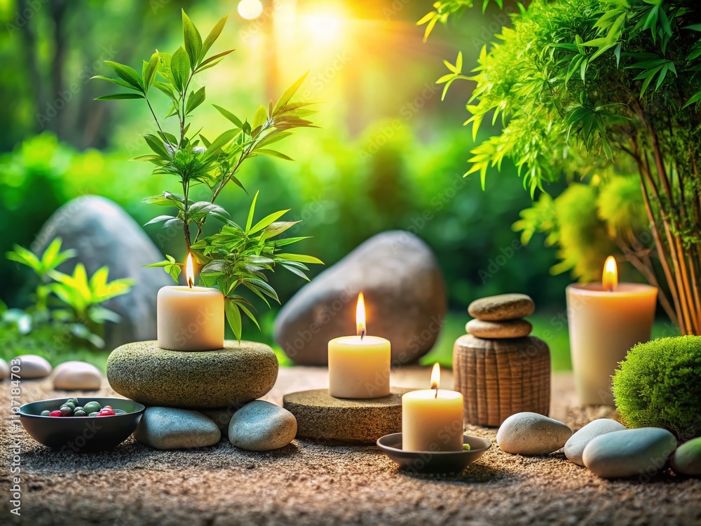 Tranquil Zen Garden with Natural Light, Lush Greenery, and Flickering Candles for Ultimate Relaxation and Meditation Experience in a Peaceful Setting