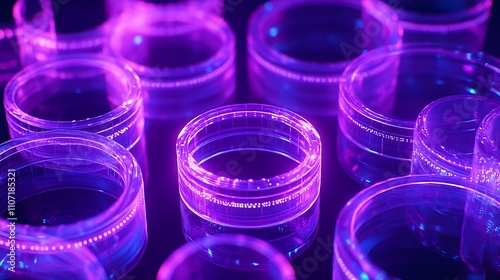 Abstract Close-Up of Glowing Transparent Cylinders Against Dark Background in Vibrant Purple Light