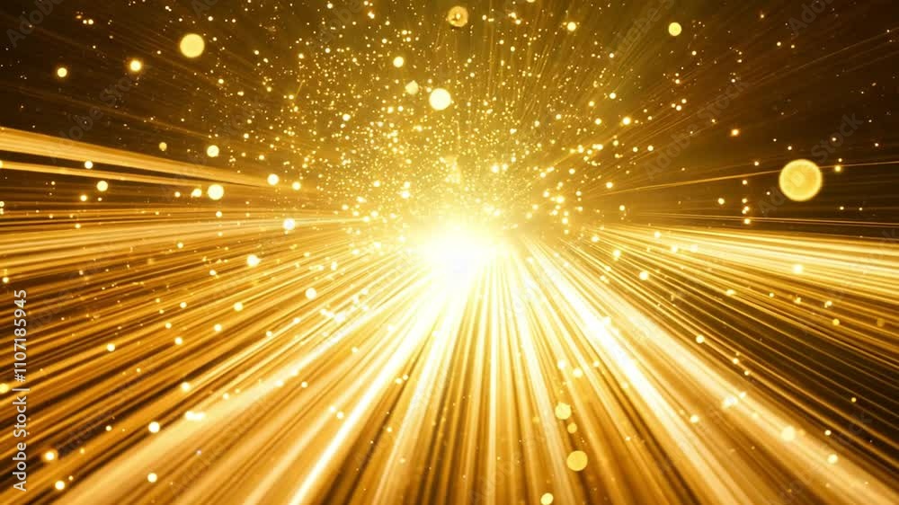 Abstract golden light streaks and particles radiating outward from a central point in a dark background